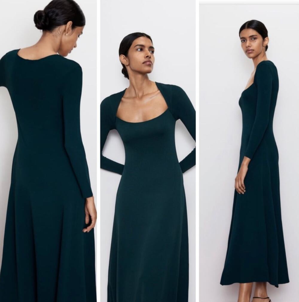 NWT Zara Special Edition Dark Green Ballet Neckline Knit Midi Dress Size S